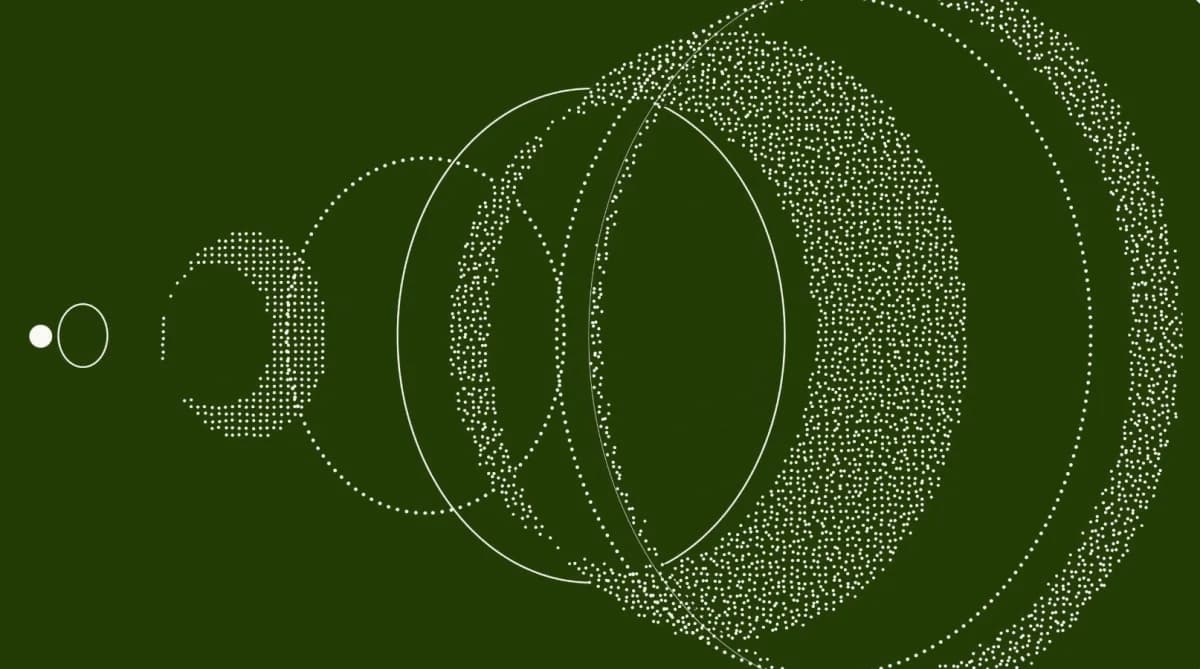 Reflection AI Beam open-weight model announcement graphic: white concentric rings on deep green