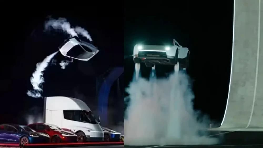 Tesla-гийн шинэ Roadster загвар утаан дундаас агаарт хөөрч буй үзүүлэн. Зураг: Okaz