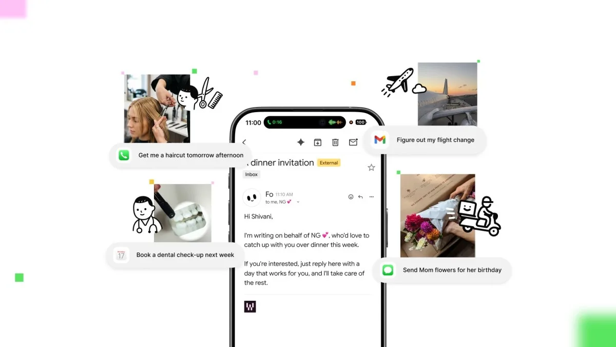 Wajo Fo personal AI agent product graphic with smartphone UI and task cards for scheduling, gifting and travel