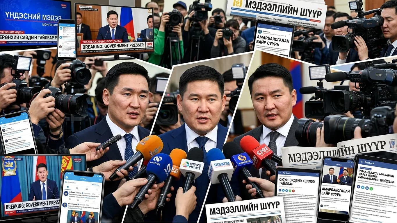 Collage of politicians at press briefings, Uchirtai.mn