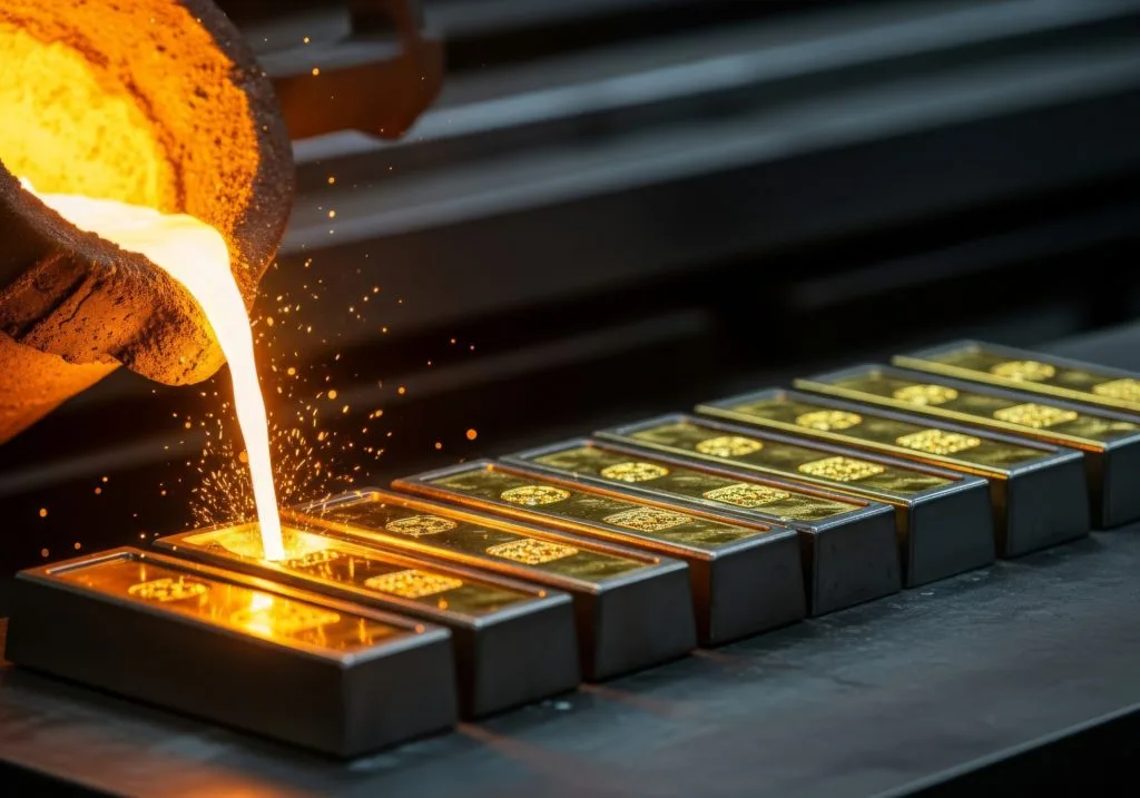 Хайлсан алтыг хэвэнд цутгаж гулдмай болгож буй нь. Зураг: Mining.com