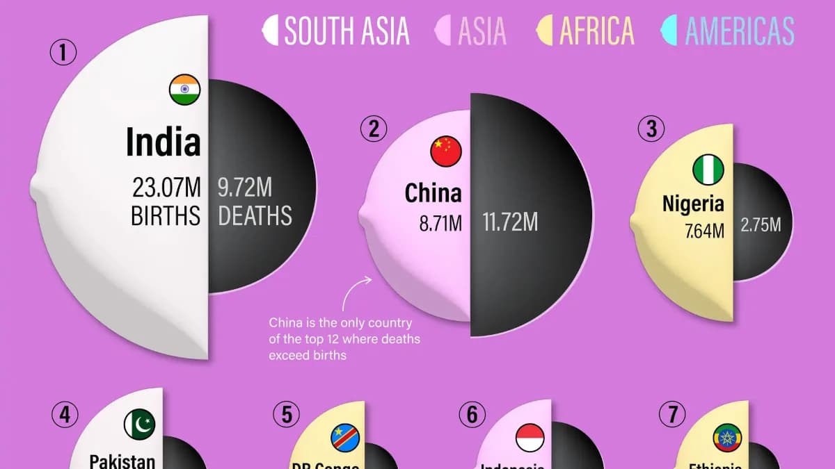 Ranked: Births vs. Deaths in 12 Major Countries