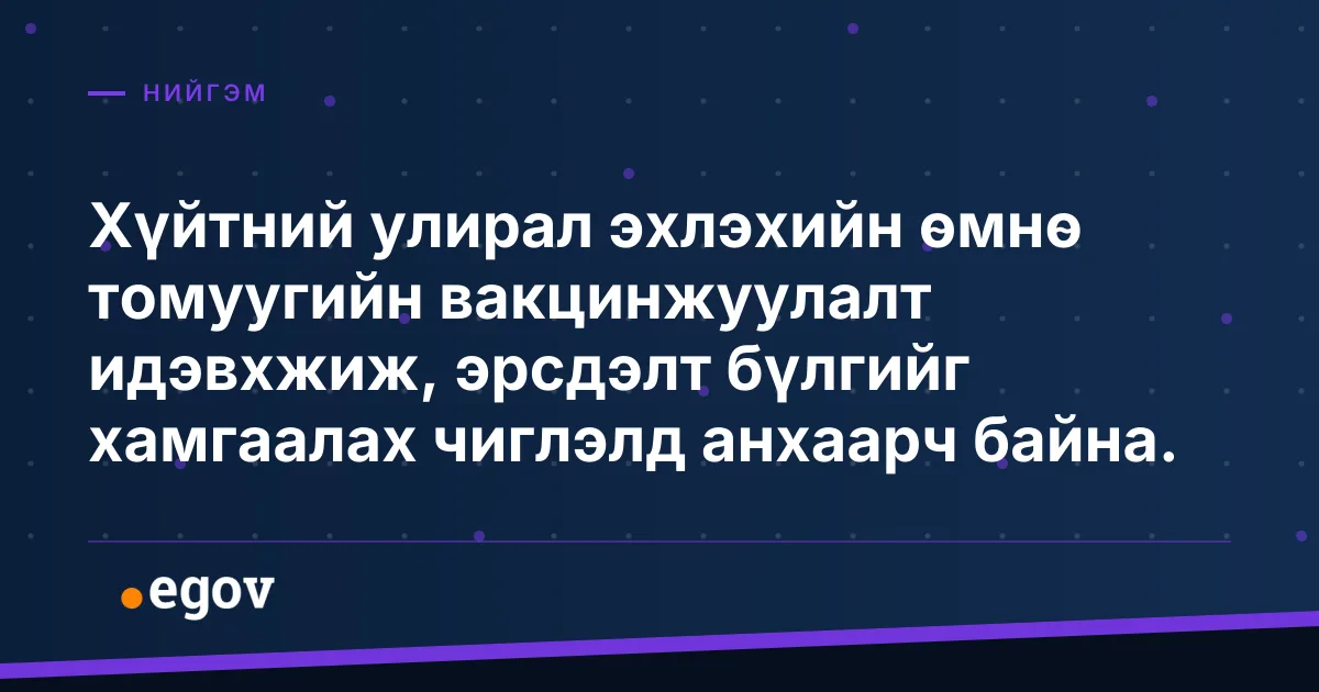 Хүйтний улирал эхлэхийн өмнө томуугийн вакцинжуулалт идэвхжиж, эрсдэлт бүлгийг хамгаалах чиглэлд анхаарч байна.