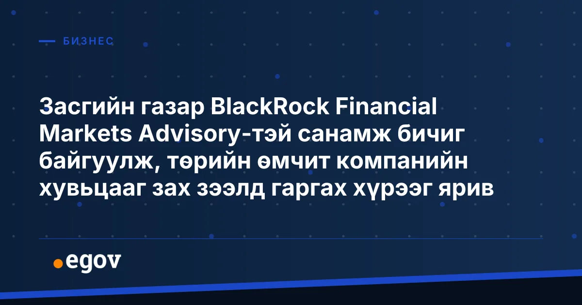Засгийн газар BlackRock Financial Markets Advisory-тэй санамж бичиг байгуулж, төрийн өмчит компанийн хувьцааг зах зээлд гаргах хүрээг ярив