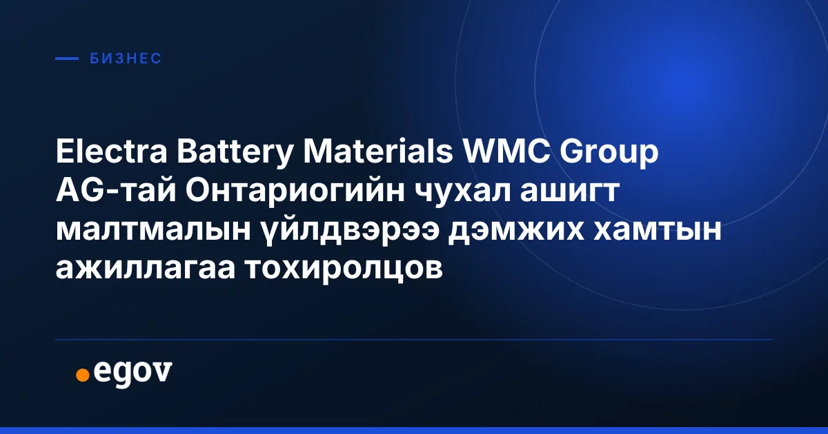 Electra Battery Materials WMC Group AG-тай Онтариогийн чухал ашигт малтмалын үйлдвэрээ дэмжих хамтын ажиллагаа тохиролцов