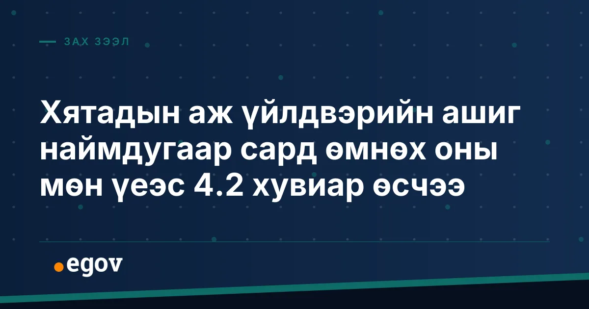 Хятадын аж үйлдвэрийн ашиг наймдугаар сард өмнөх оны мөн үеэс 4.2 хувиар өсчээ