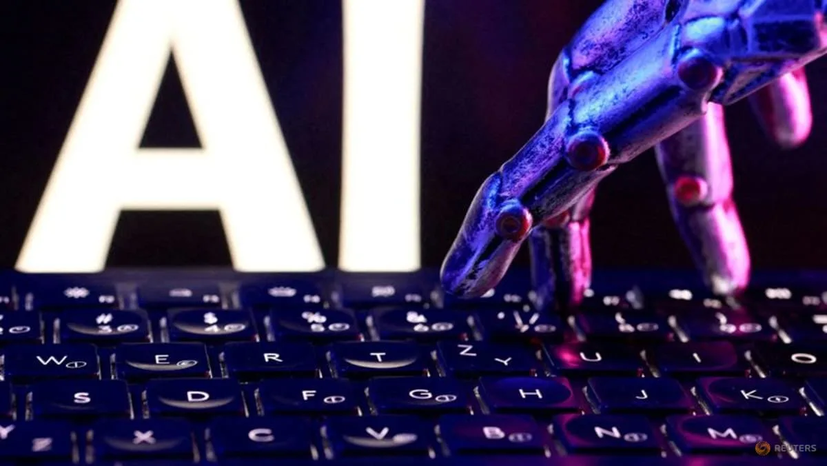 Illustration of the letters “AI”, a keyboard and a robotic hand