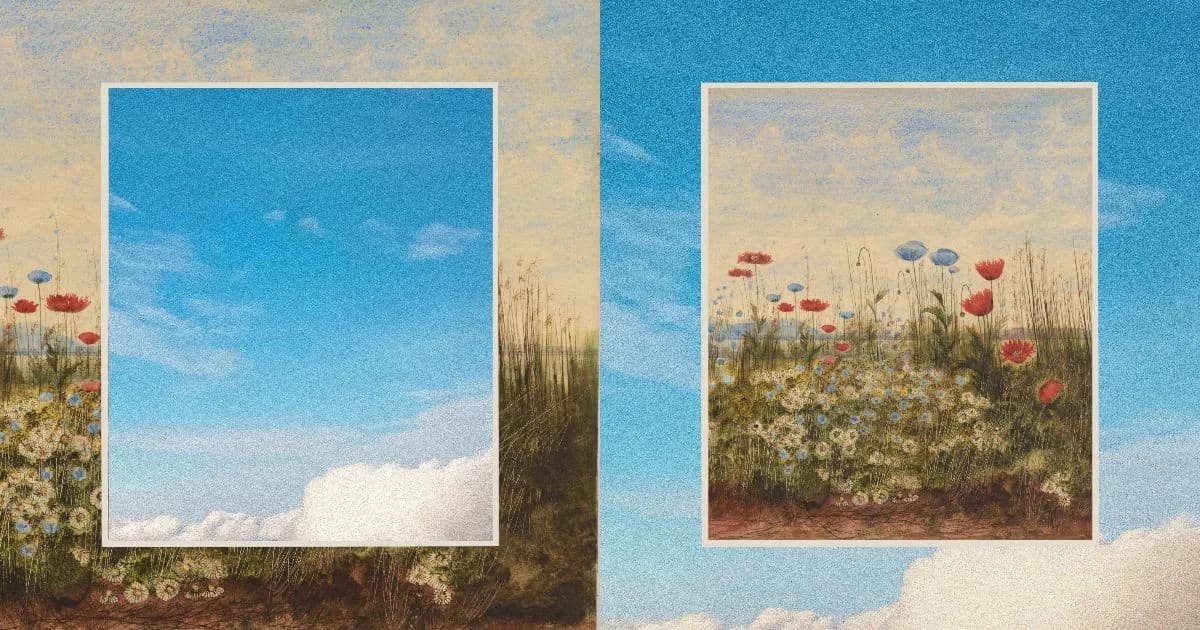 Official Anthropic artwork for the Public Benefit Fund announcement: two framed panels of sky and wildflowers