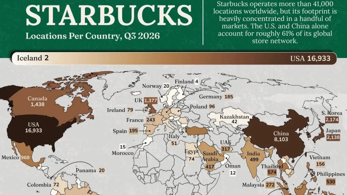 Mapped: How Many Starbucks Stores Are in Each Country?