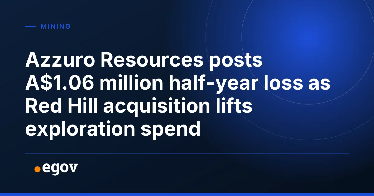 egov.mn branded dark-blue Mining poster with the headline "Azzuro Resources posts A$1.06 million half-year loss as Red Hill acquisition lifts exploration spend"