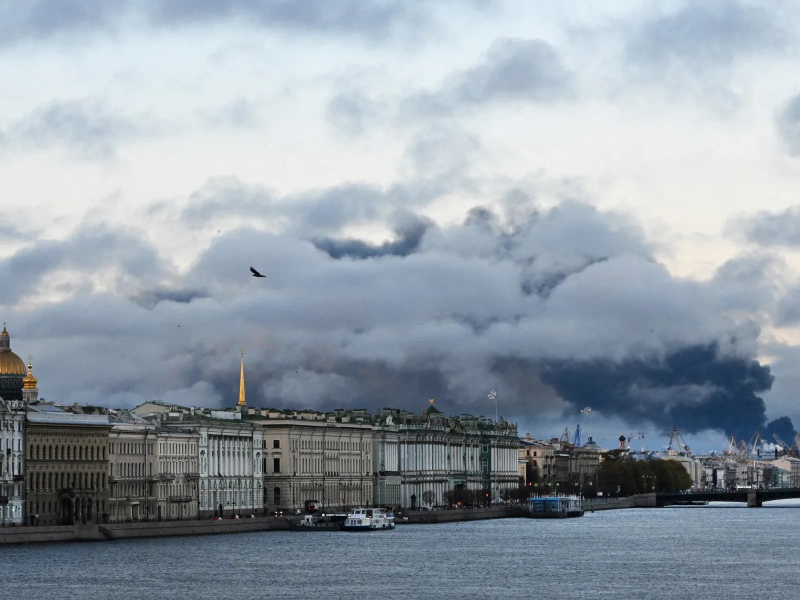 Smoke rises over St Petersburg after the Ukrainian drone attack. Photo: AFP via Al Jazeera