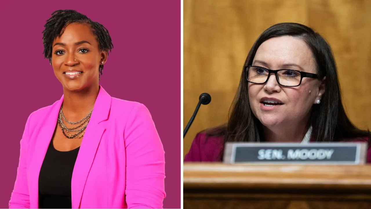 Side-by-side photos of Florida Senate candidates Angie Nixon and Sen. Ashley Moody. Photo: Mediaite