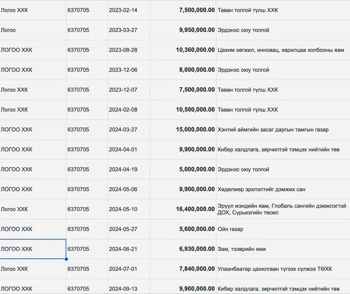 A payment table attached to G. Uyanga’s Facebook post, which she says was compiled from Glass Account data, listing payments from state bodies to Logoo LLC. Image: Hariad Uyanga / Facebook