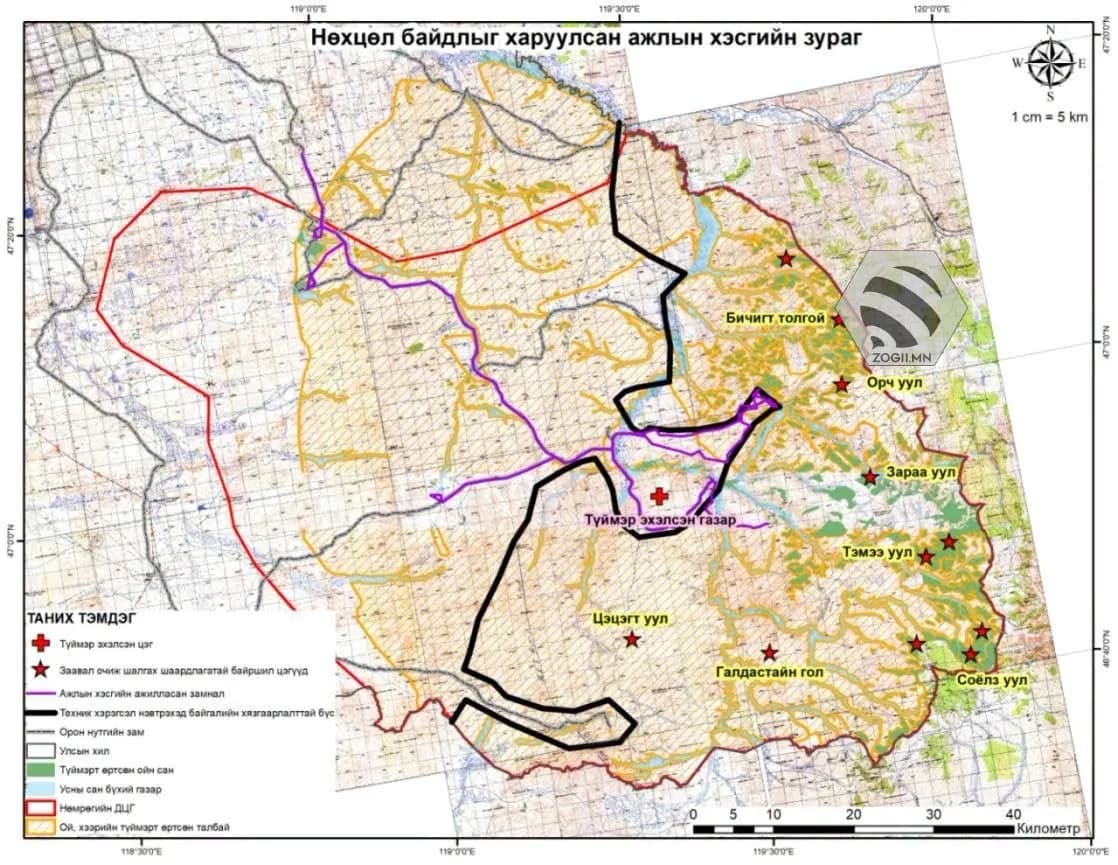 Map showing the conditions faced by the working group assessing fire damage in the Nömrög Strictly Protected Area. Photo: Zogii.mn