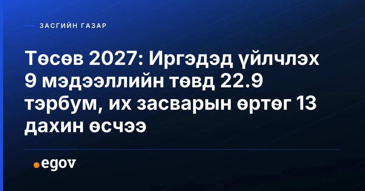 Төсөв 2027: Иргэдэд үйлчлэх 9 мэдээллийн төвд 22.9 тэрбум, их засварын өртөг 13 дахин өсчээ