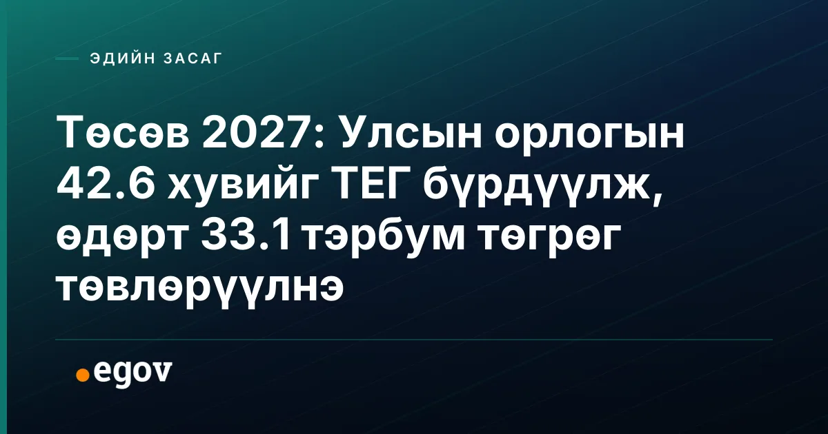 Төсөв 2027: Улсын орлогын 42.6 хувийг ТЕГ бүрдүүлж, өдөрт 33.1 тэрбум төгрөг төвлөрүүлнэ