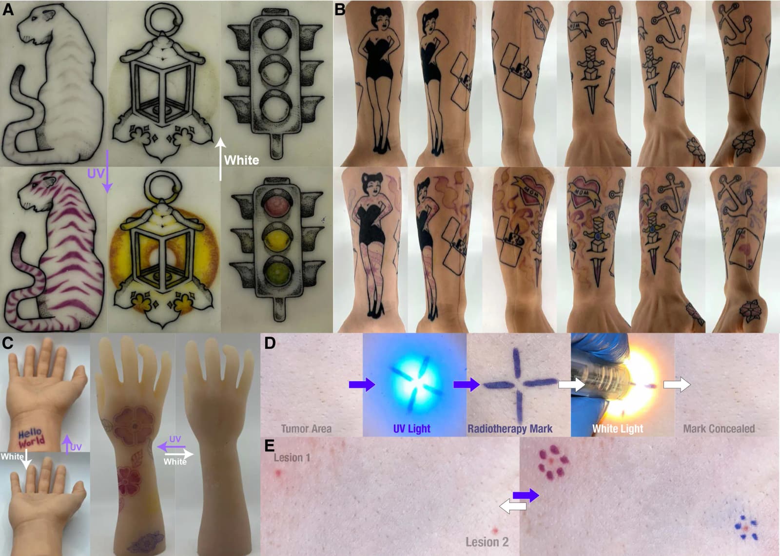 This tattoo ink changes colour with light and can make designs nearly vanish
